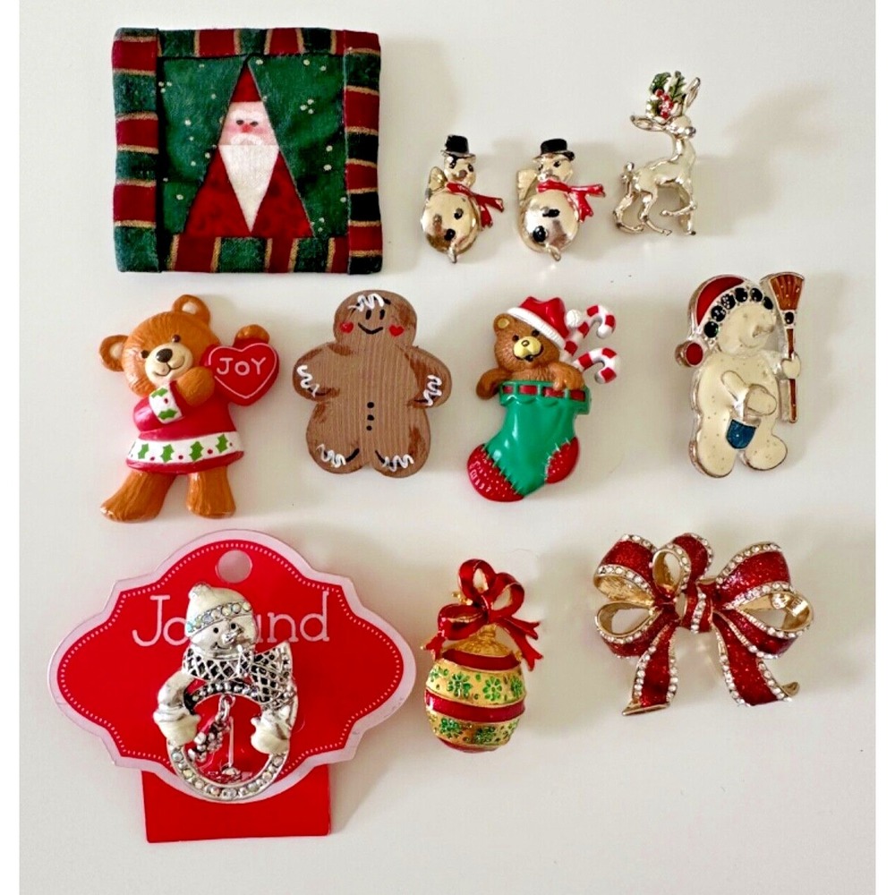 Christmas Pin Set Snowman Stocking Bow Ball Gingerbread Santa Brooch Lot of 11